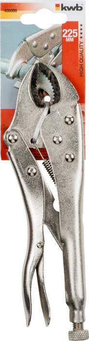 Un étau de serrage en argent de 225 mm de long sur un emballage rouge portant le logo 'kwb', symbole de qualité supérieure.