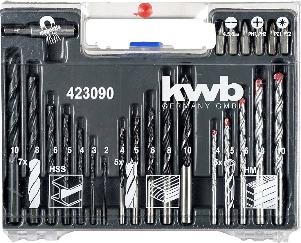 'Ensemble de forets Kwb, 15 pièces avec différentes tailles de forets et d'embouts ; parfait pour les travaux de bricolage, dans un coffret en plastique.'