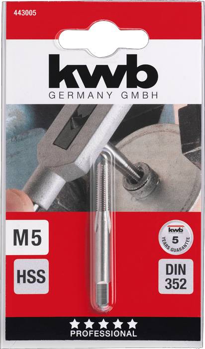 Emballage d'un taraud HSS M5, DIN 352, de 'kwb Germany GmbH' avec une garantie de cinq ans, comprenant des illustrations d'outils.