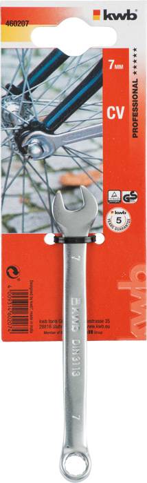 Clé à fourche de 7 mm sur fond rouge avec illustration de rayon de vélo. Description de l'outil et nom de marque sont visibles.