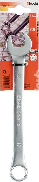 Une clé à double mâchoire en argent avec un côté ouvert et un côté fermé sur un fond de carton orange-rouge. Adaptée pour les vis de taille 17.