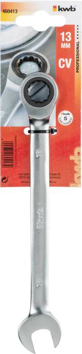 Clé à molette : L'emballage présente une clé à molette de 13 mm avec fonction à cliquet, marque 'kwb', numéro de modèle 60413. Adaptée aux écrous de 13 mm.