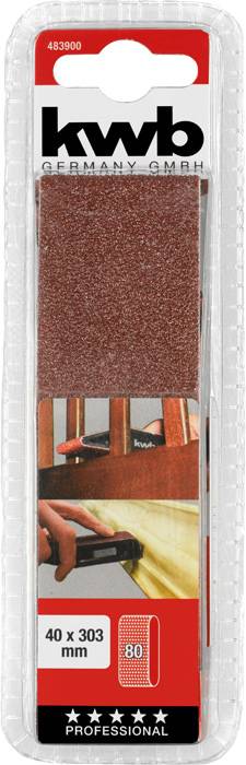Kit de papier abrasif KWB, taille 40 x 303 mm, grain 80, cinq étoiles pour une utilisation professionnelle. L'emballage montre l'application sur le bois.