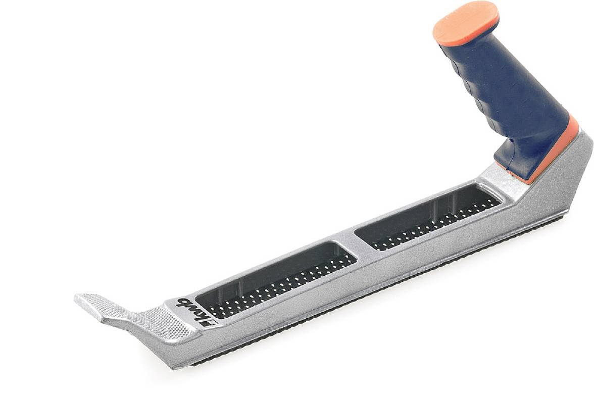 Une râpe à main dotée d'une poignée ergonomique et de deux lames métalliques, similaire à une râpe, utilisée pour travailler des matériaux tels que le bois ou le plastique.