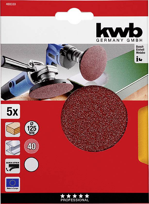 Lot de disques abrasifs avec machine de ponçage. Contient 5 pièces, diamètre de 125 mm, grain 40. Nom de marque en haut. Utilisation pour bois, métal.