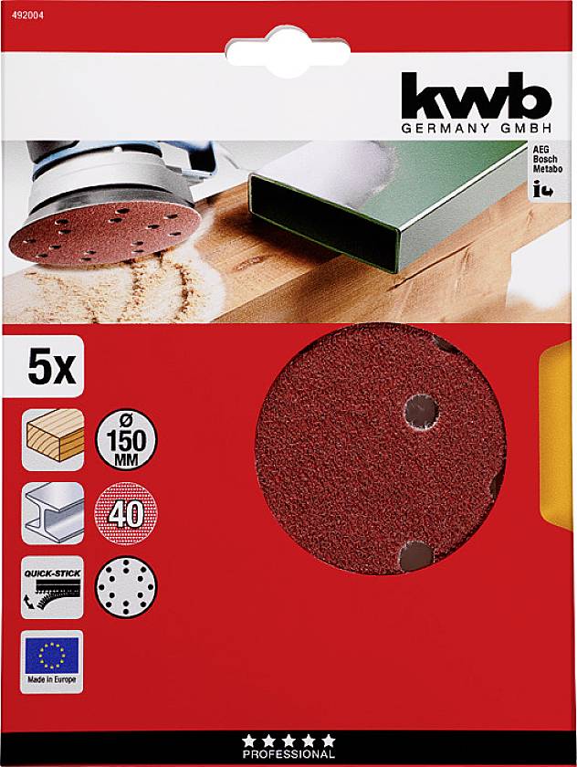 Emballage de disques abrasifs : Contient 5 disques abrasifs ronds, diamètre 150 mm, grain 40. Convient pour le bois. Fabriqué en Europe.