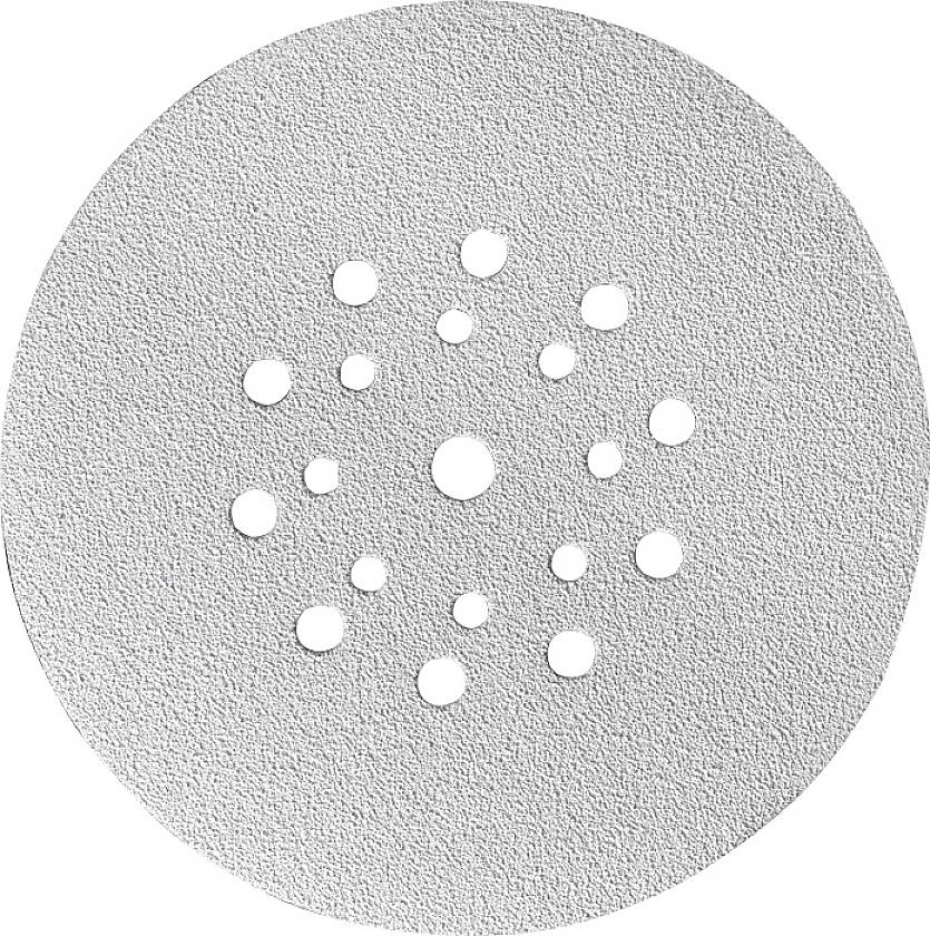 Disque abrasif circulaire percé de plusieurs trous répartis uniformément au centre. Surface granuleuse adaptée aux travaux de ponçage.
