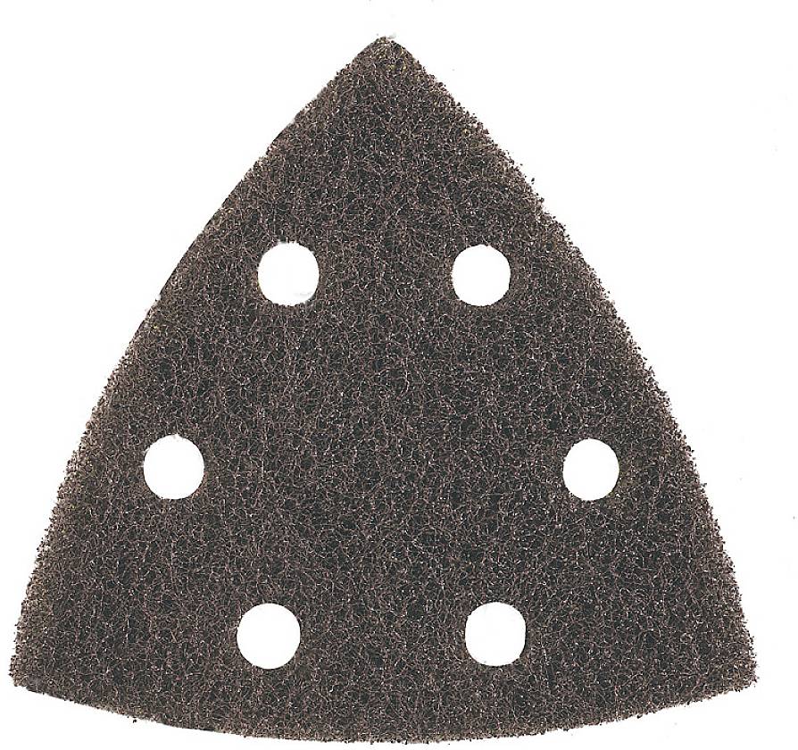 Papier de verre triangulaire avec six trous, souvent utilisé pour les ponceuses multifonctions.