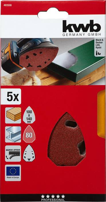 Emballage de feuilles abrasives, lot de 5, pour bois et peinture. Grain 80, dimensions 100 x 140 mm. Comprend une fixation Quick-Stick.