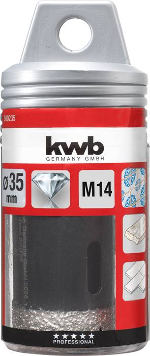 'KWB Germany GmbH' Couronne de forage diamantée, diamètre 35 mm, raccordement M14. L'emballage présente des matériaux d'exemple : carrelage, céramique.
