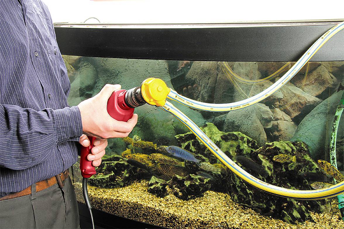 Un homme utilise une pompe électrique pour transférer de l'eau dans un grand aquarium. Plusieurs poissons sont visibles en arrière-plan.