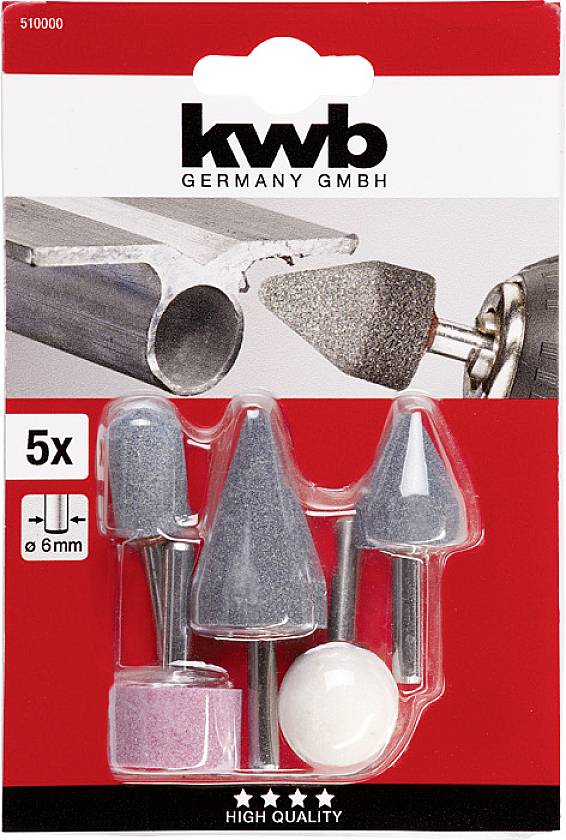 'Lot de 5 meules pour perceuse, KWB Germany. Différentes formes pour forets, adaptées à l'usinage des métaux.'