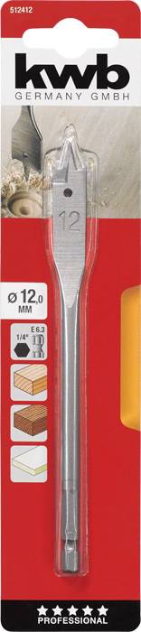 'kwb GERMANY GMBH' Mèche à bois en emballage, diamètre 12 mm, adaptée aux travaux sur bois. L'emballage présente des exemples de perçage et des symboles de forets.