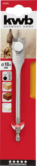 Foret hélicoïdal 'kwb Germany GmbH' pour bois, diamètre 18,0 mm, avec différents symboles de matériaux. Emballage en rouge et blanc.