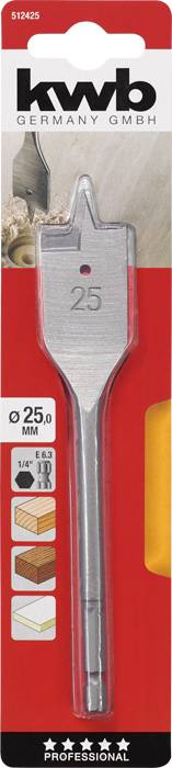 Embout de foret sur carton rouge. Inscription : '25 mm', '4 étoiles', '1/4 pouce', 'KWB GERMANY GMBH'. Des graphiques montrent des exemples d'application.