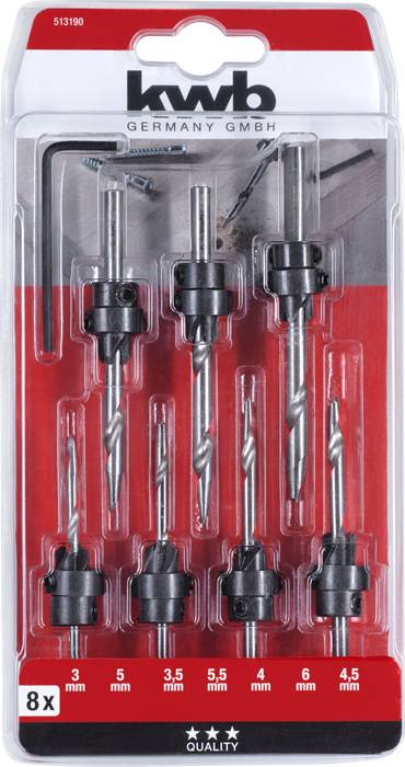 Emballage de huit fraises à pointer de différentes tailles, de 3 mm à 6 mm, de la marque 'kwb' pour le travail du bois.