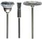 Trois embouts de brosse métallique différents pour perceuses : une brosse ronde, une brosse conique et une brosse cylindrique en métal.