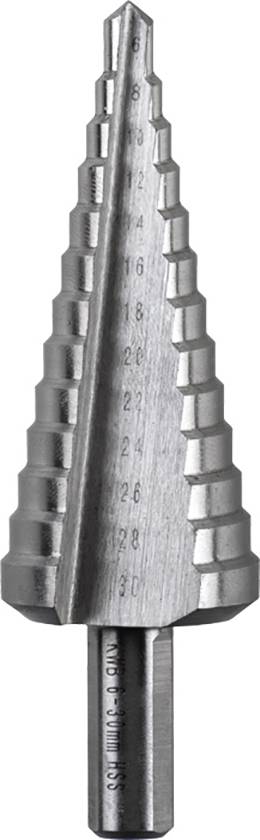 Foret étagé conique en métal, avec indications de taille gravées, pour percer des surfaces métalliques à différents diamètres.