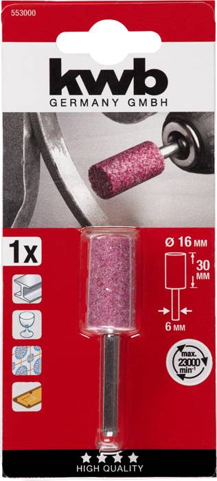 L'image présente un rouleau de ponçage rose de KWB Germany d'un diamètre de 16 mm et d'une longueur de 30 mm, adapté pour l'usinage des métaux.