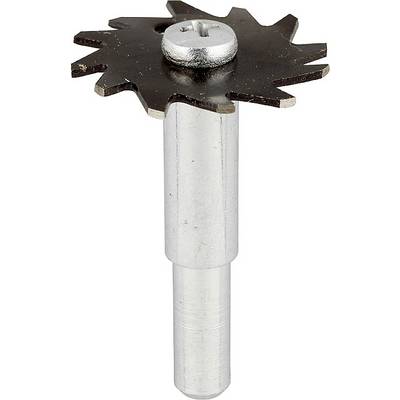 Un support argenté pour un foret avec une lame circulaire dentelée. Utilisé pour couper ou meuler des matériaux.