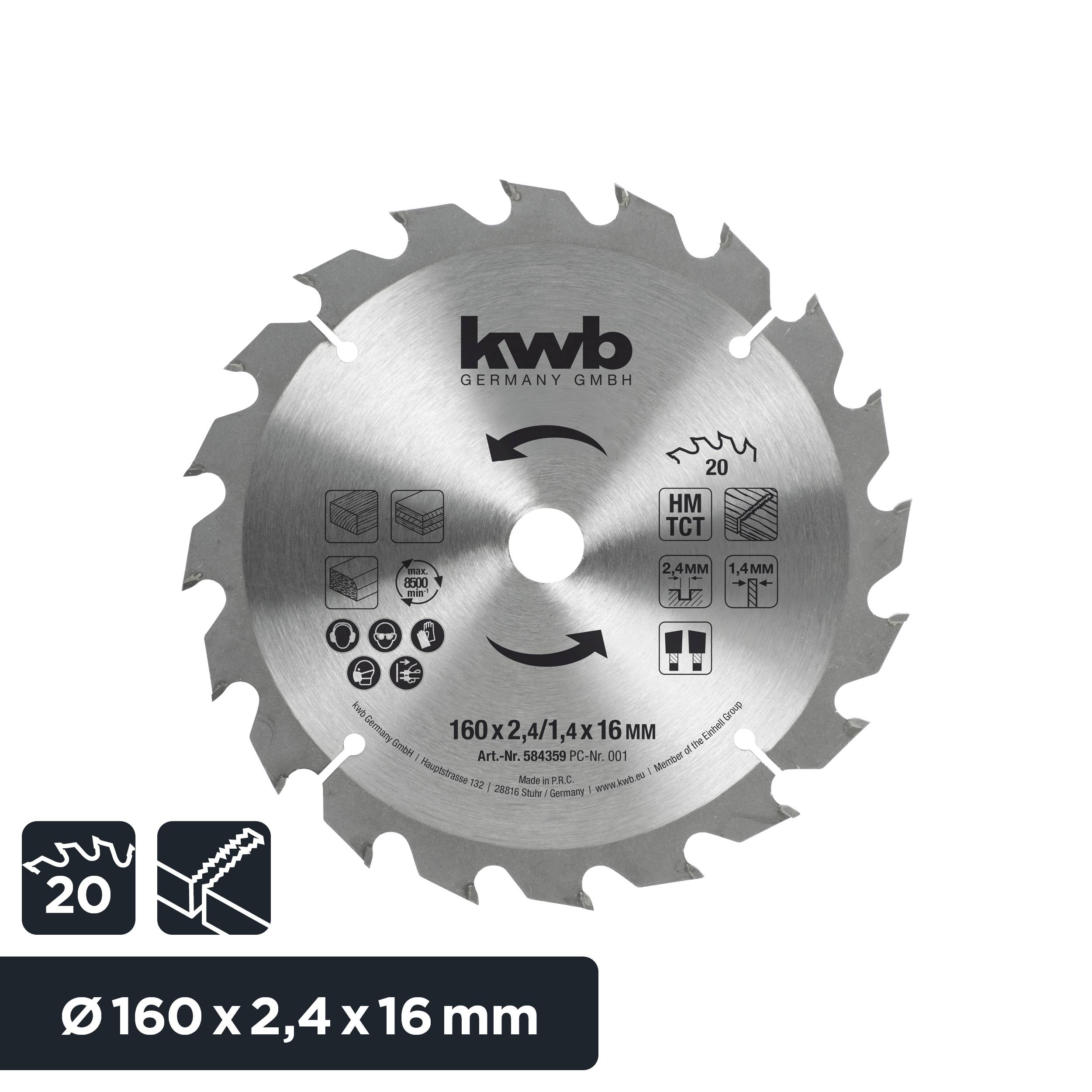 Lame de scie circulaire en métal avec logo KWB au centre, diamètre 160 mm, épaisseur 2,4 mm, adaptée pour le bois, 20 dents.