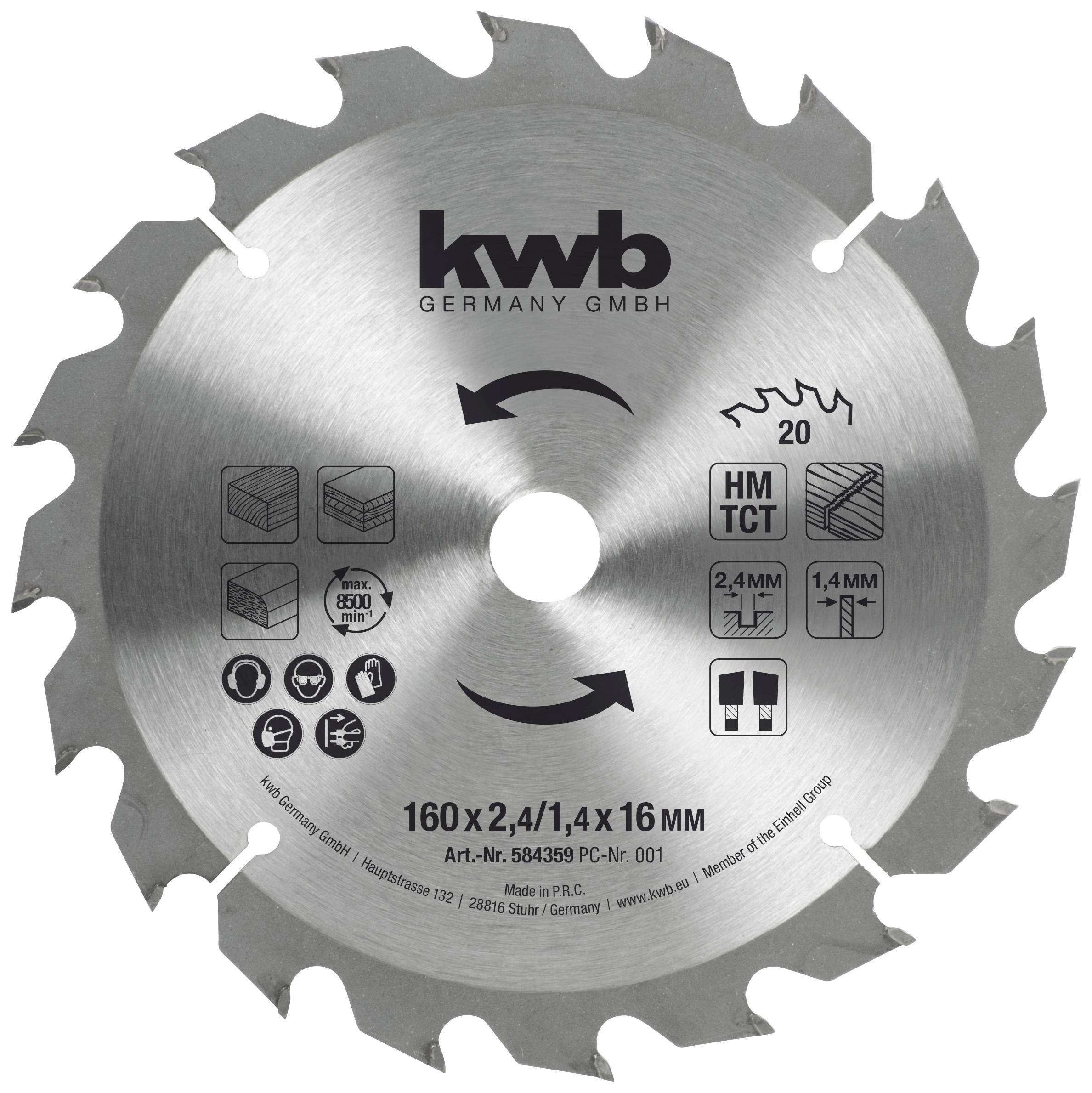 'Lame de scie circulaire de kwb Germany GmbH, diamètre 160 mm, largeur de coupe 2,4 mm, alésage 16 mm, nombre de dents 20, pour le bois et plus.'