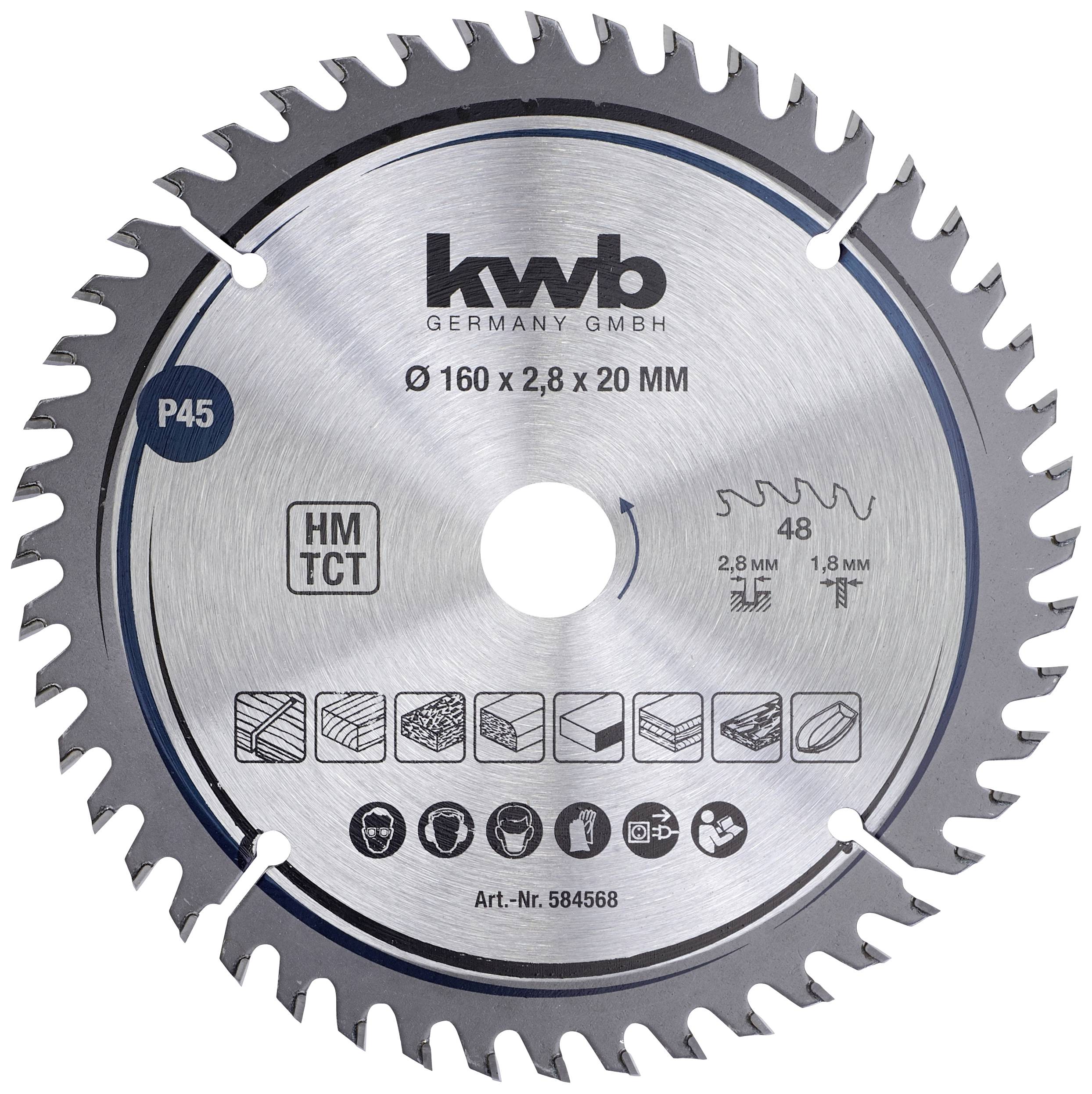 Lame de scie circulaire en métal avec inscription 'kwb', diamètre 160 mm, largeur de coupe 2,8 mm. Adaptée pour le bois, le métal et le plastique.