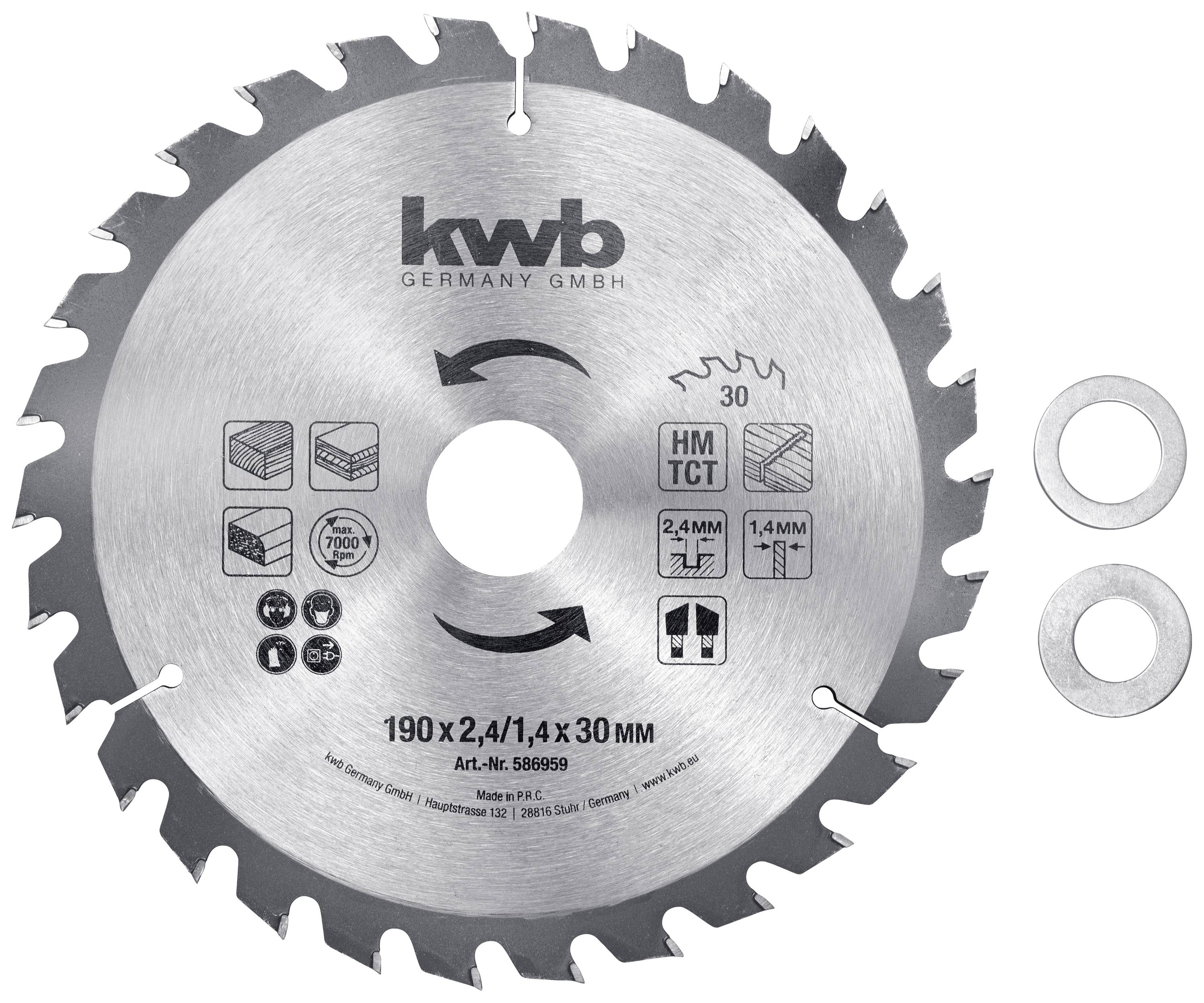 Une lame de scie circulaire avec de nombreuses dents, portant la marque 'kwb' et comprenant des spécifications techniques telles que les dimensions et le matériau.