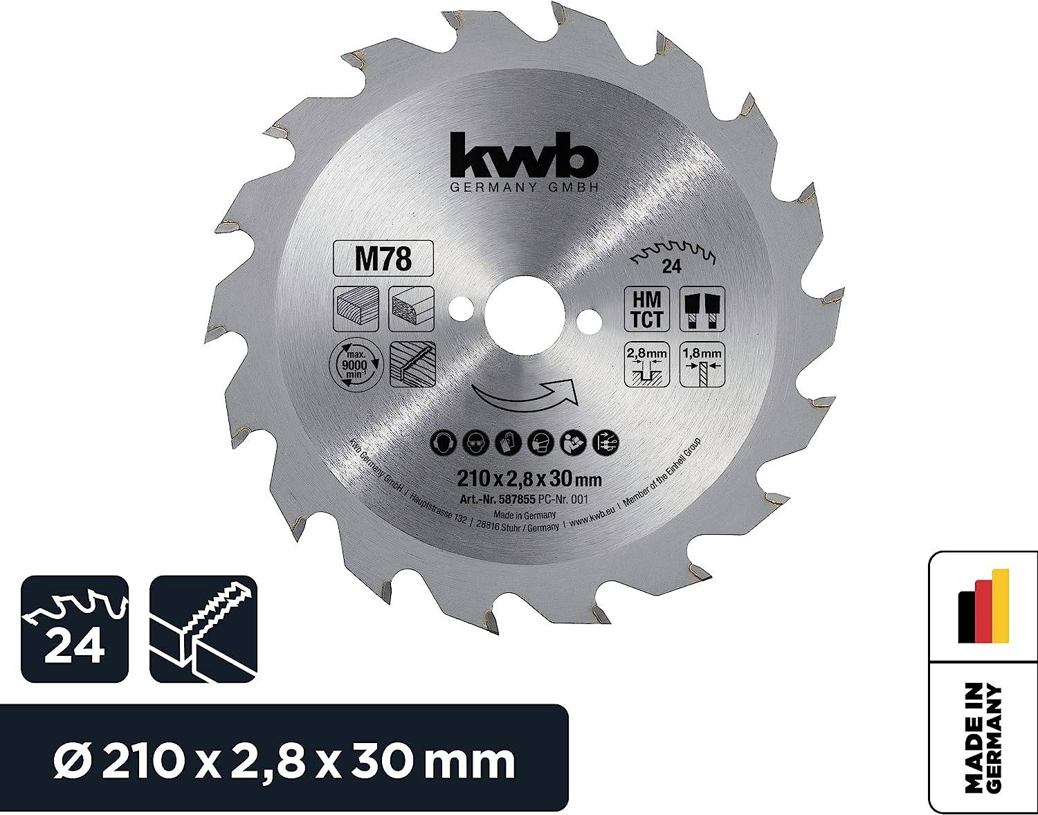 Lame de scie circulaire en carbure de tungstène, adaptée pour le bois. Diamètre 210 mm, 24 dents, produite en Allemagne.