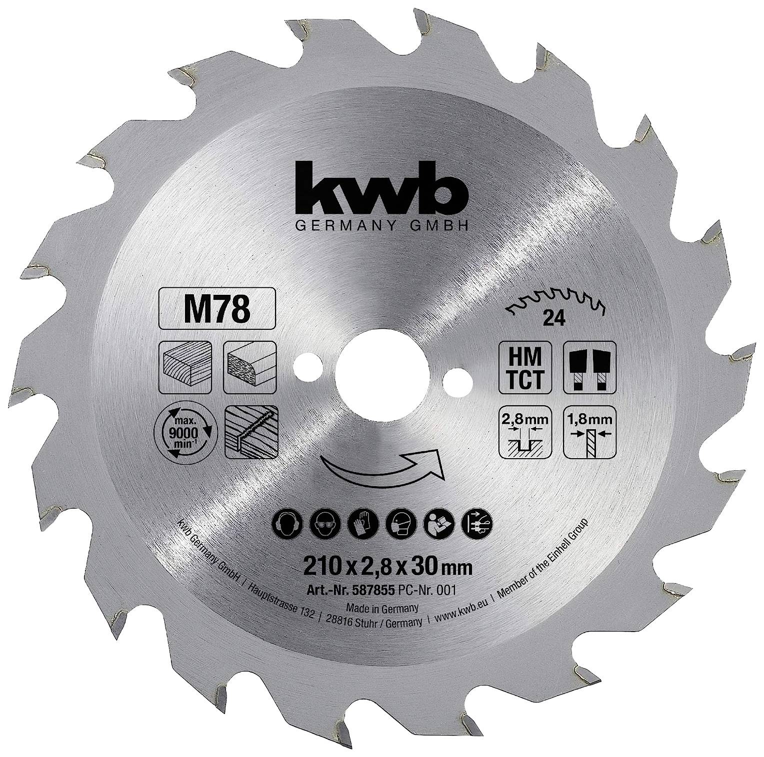 'Lame de scie de la marque kwb avec 24 dents, diamètre 210 mm, largeur 2,8 mm. Adaptée pour les travaux sur bois et les applications de construction.'