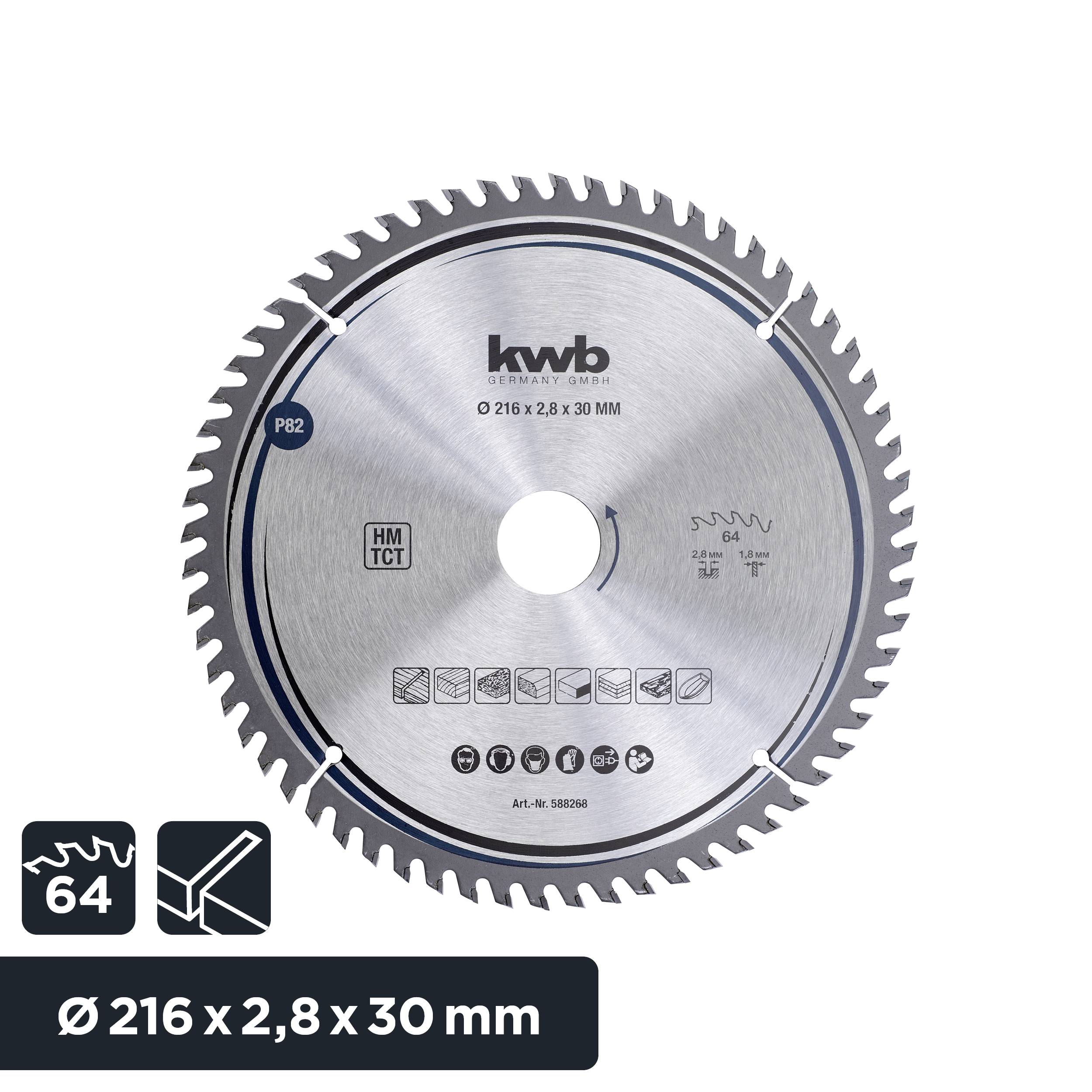 Lame de scie circulaire en métal avec 64 dents, diamètre 216 mm. Adaptée pour des coupes précises dans le bois et les matériaux composites.