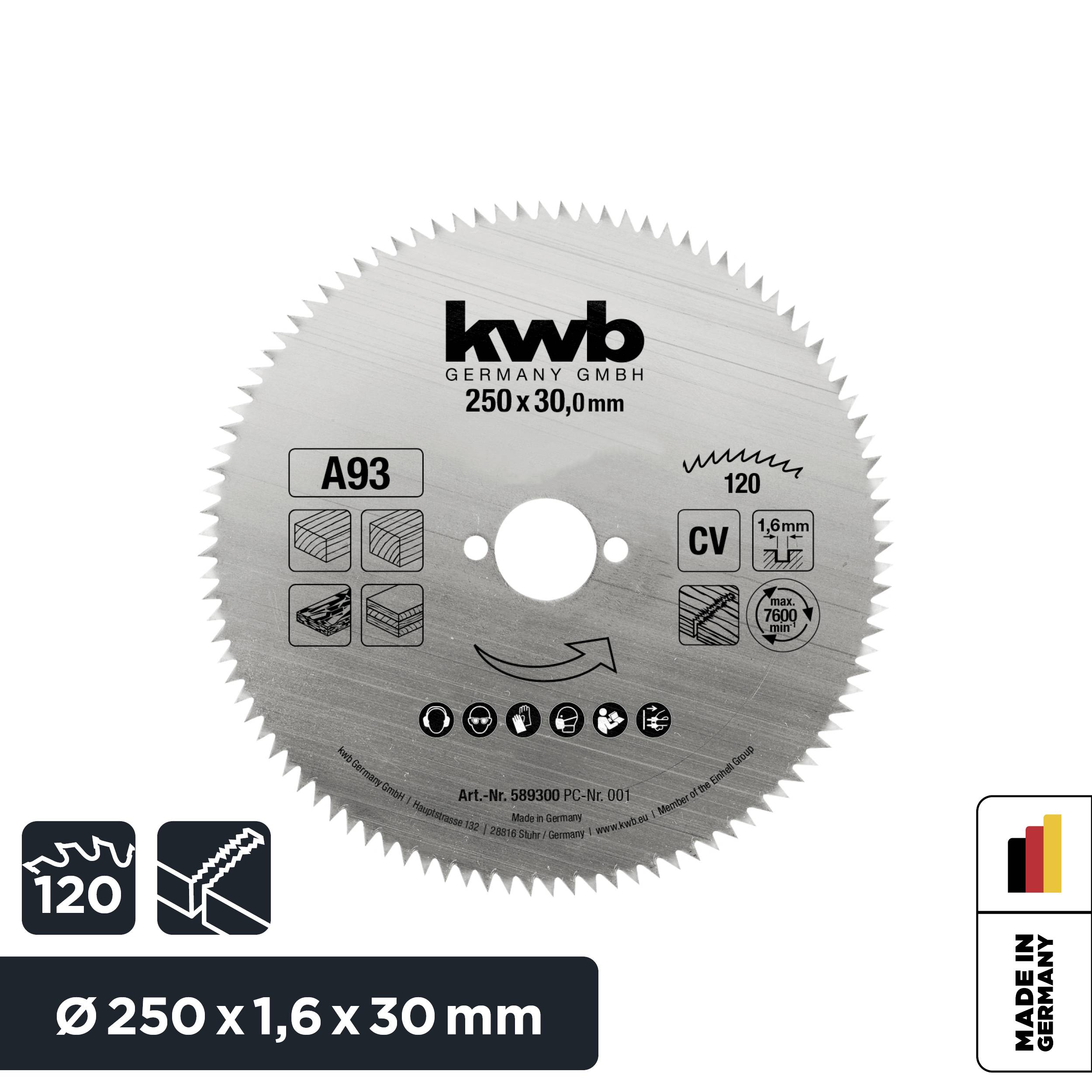 'Lame de scie circulaire, Ø 250 x 30,0 mm, 120 dents, convient pour le bois, le bois stratifié, le métal, Fabriqué en Allemagne.'