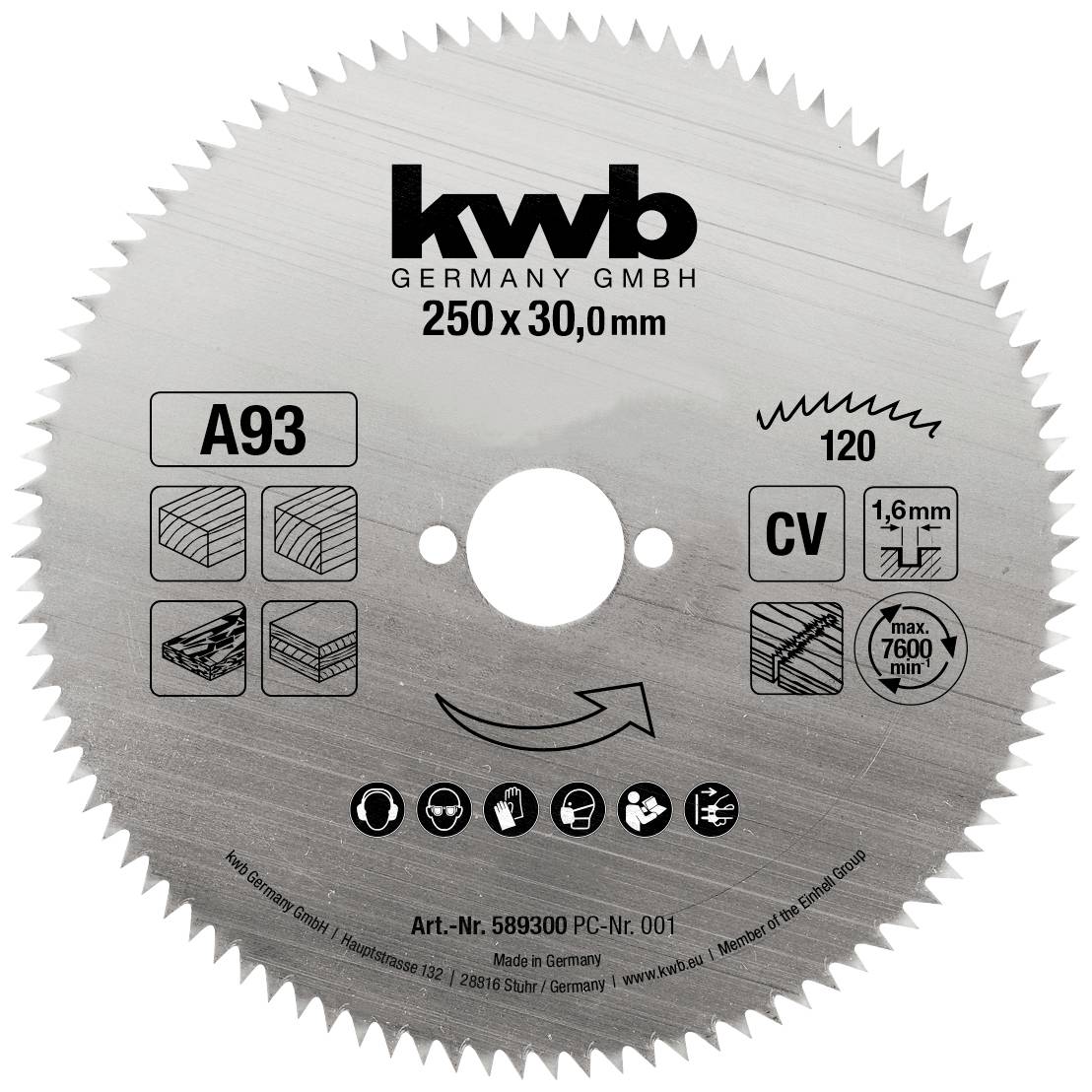 Lame de scie circulaire de marque KWB de taille 250x30,0 mm. Adaptée aux travaux sur bois, vitesse maximale de 7600 tr/min, avec pictogrammes pour types de matériaux.