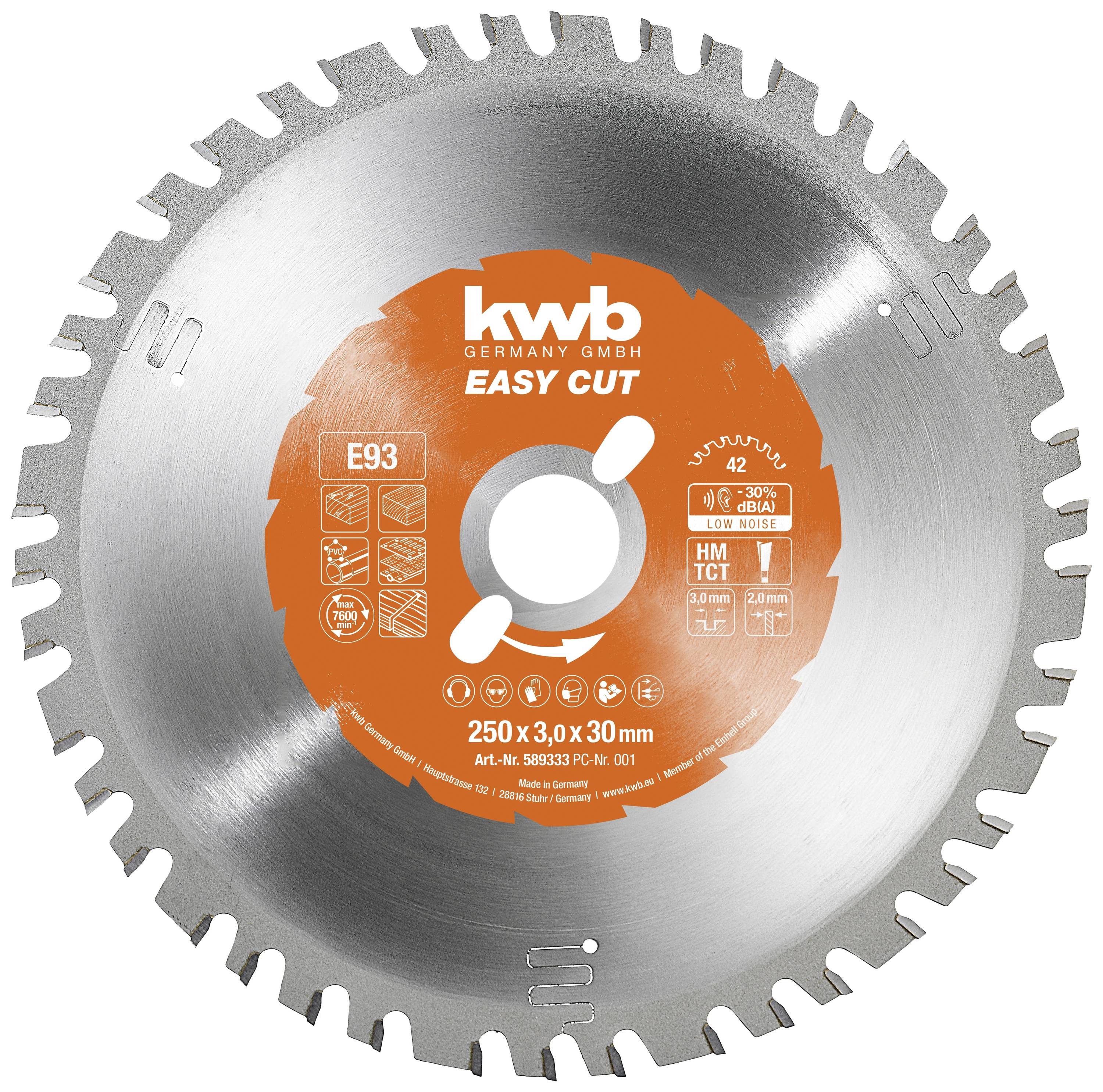 Lame de scie circulaire 'kwb EASY CUT', diamètre 250 mm, 30 dents, pour le travail du bois et des matières plastiques, étiquette orange avec caractéristiques techniques.