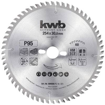 Lame de scie circulaire portant l'inscription 'kwb GERMANY GMBH, 254 x 30,0 mm'. Symboles pour bois, plastique, aluminium. Dents : 60.