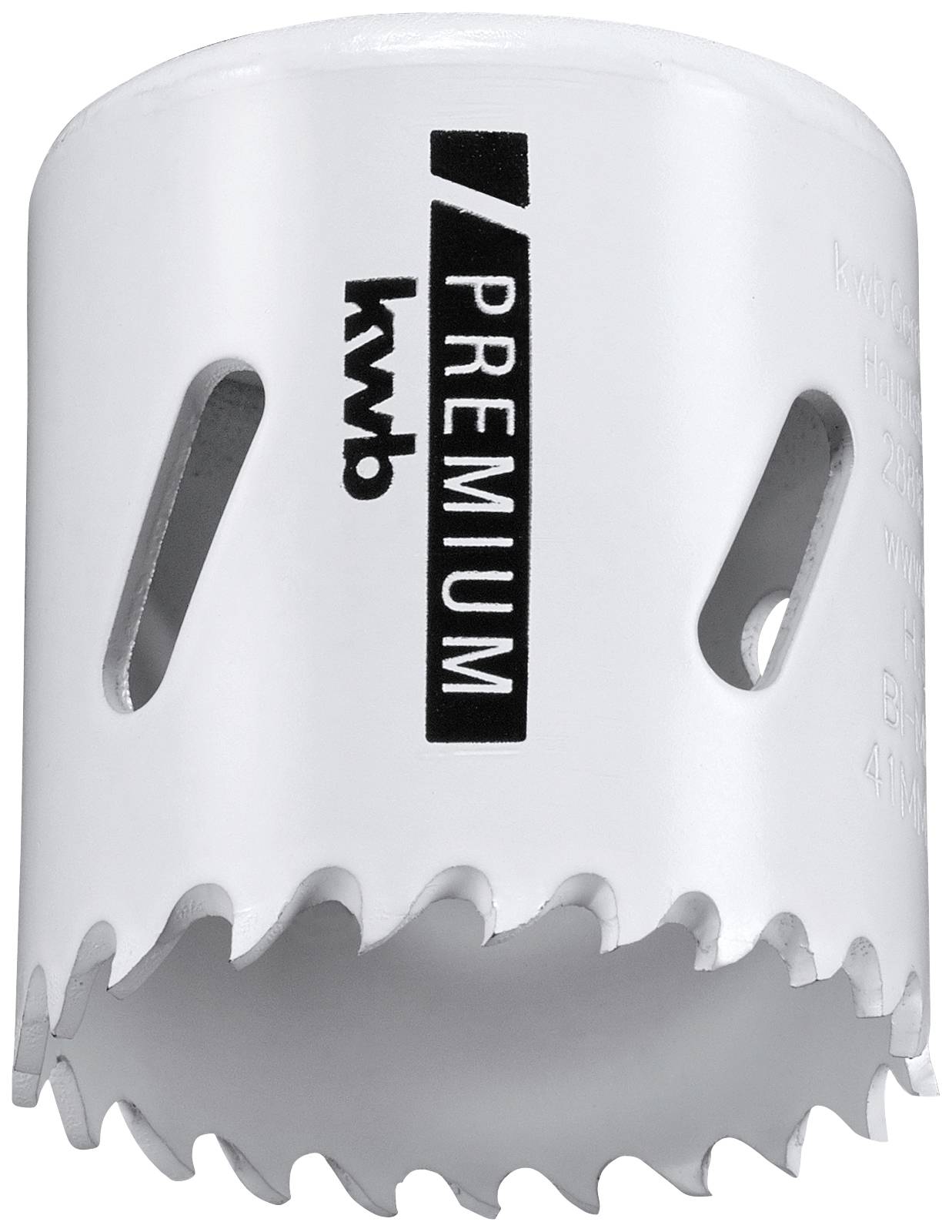 Scie cloche en métal avec couronne de dents tranchantes, marquage de marque 'kwb PREMIUM', adaptée pour percer différents matériaux.