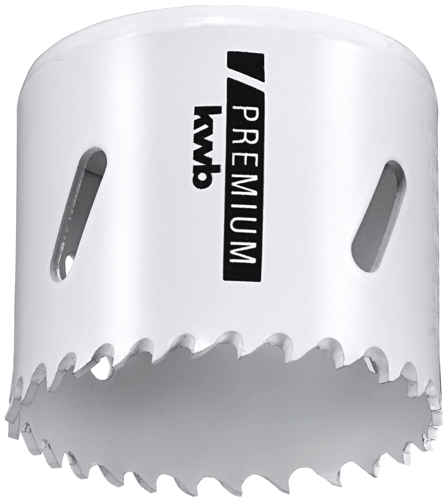 Scie cloche à dents tranchantes, couleur blanche, étiquette noire portant l'inscription 'KWB PREMIUM', adaptée pour le perçage précis dans différents matériaux.