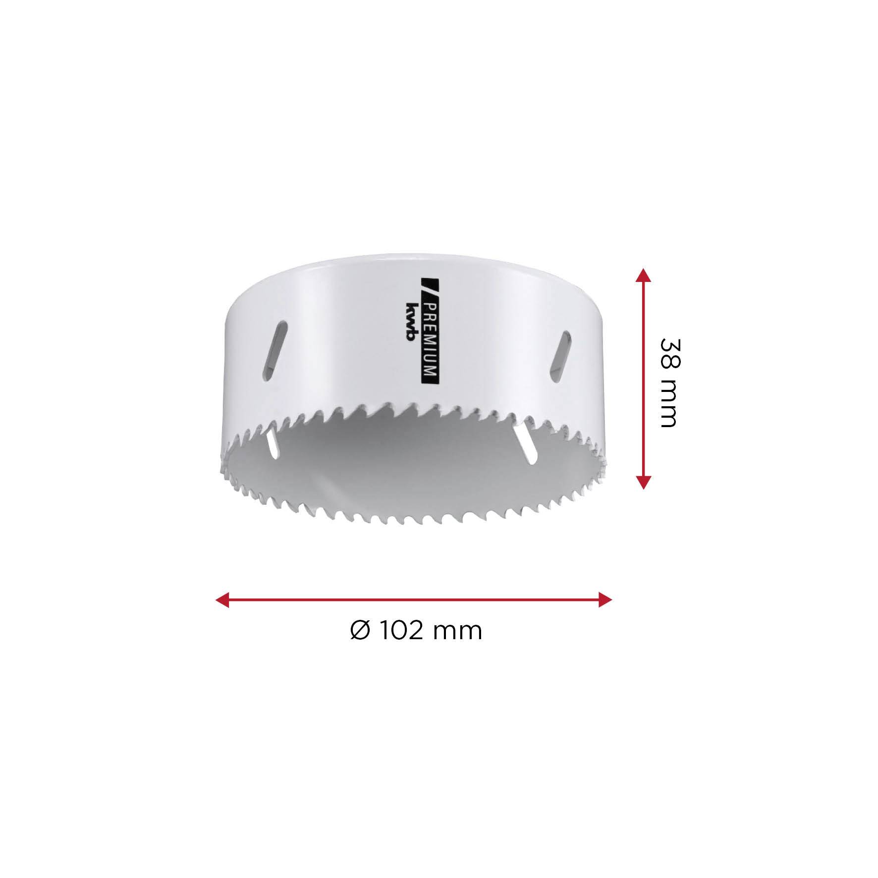 Scie cloche avec dents en métal, diamètre : 102 mm, hauteur : 38 mm.