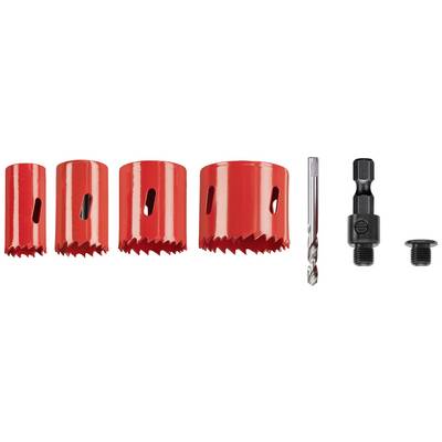 Ensemble de scies-cloches rouges avec cinq embouts de différentes tailles et deux clés de serrage, alignés côte à côte.