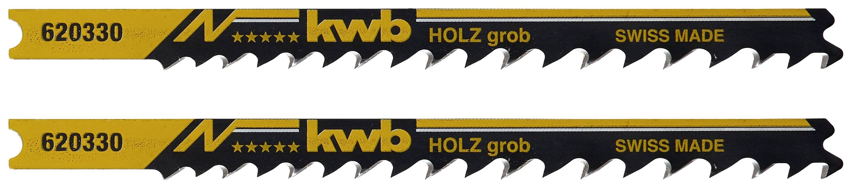 Deux lames de scie portant l'inscription 'kwb BOIS grossier SWISS MADE' et le numéro '620330'. Elles sont adaptées pour scier du bois grossier.