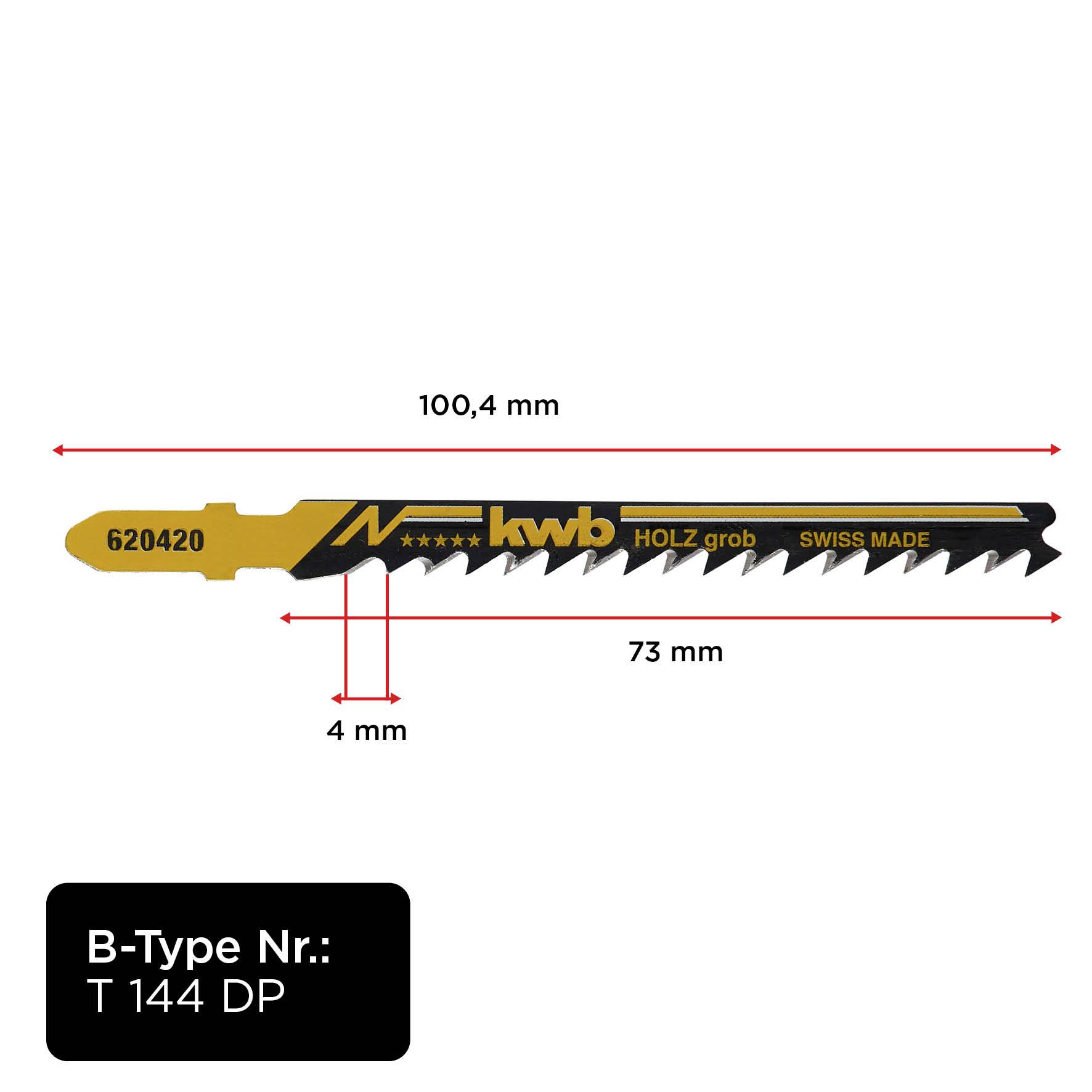 Lame de scie, longueur 100,4 mm, largeur 4 mm, zone dentée 73 mm. Numéro B-Type : T 144 DP. Pour bois, marque : KWB, Swiss Made.