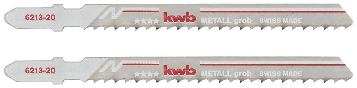 Deux lames de scie en métal portant l'inscription 'kwb METALL grob SWISS MADE 6213-20' en gris et rouge, destinées aux applications de coupe grossière.