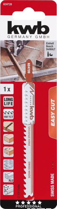 Lame de scie dans l'emballage de 'kwb Germany GmbH', adaptée pour le bois, le plastique, l'aluminium. 'Easy Cut' et 'Long Life' mis en évidence.