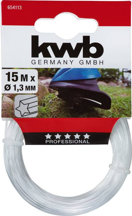 Bobine de câble de 15 m de long et 1,3 mm de diamètre de 'kwb Germany GmbH', présentée devant un décor de jardin, sur un emballage en carton rouge.