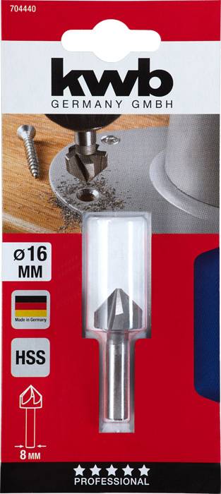 Un emballage contenant un foret conique de 16 mm, marque 'kwb', fabriqué en Allemagne, adapté pour le perçage de métaux, en matériau HSS.