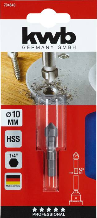 Un emballage présente un foret fraise conique de la marque 'kwb Germany GmbH', adapté pour 10 mm HSS, destiné au perçage et à l'ébavurage professionnel.