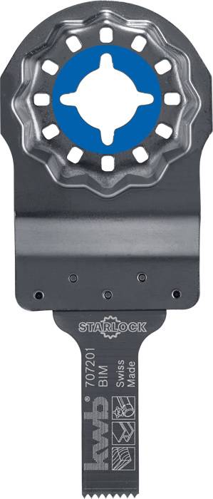 'Lame de scie à connexion Starlock bleue en métal, adaptée à divers matériaux, fabriquée en Suisse.'