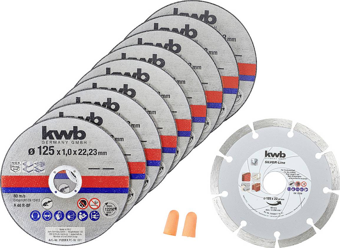 'Ensemble de disques de coupe avec bouchons d'oreilles. Contient sept disques de coupe en métal gris et un disque serti de diamants. Marque KWB.'