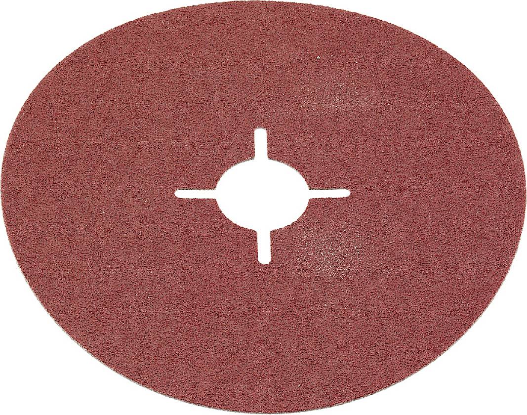 Disque de ponçage rouge avec un trou central et quatre fentes symétriques, utilisé pour nettoyer ou poncer des surfaces.