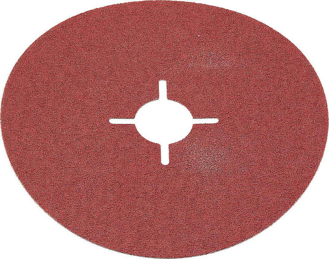 Disque de meulage rond et rouge avec un trou central et une fente en croix ; utilisé pour le ponçage de surfaces.